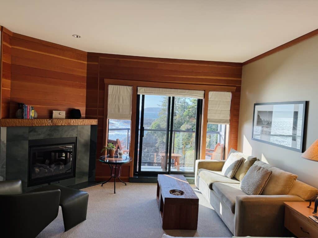 Living room with a view at Wickaninnish Inn in Tofino