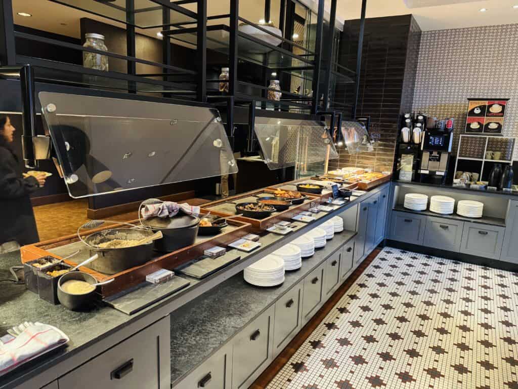 Hot dishes at breakfast buffet Four Seasons Whistler