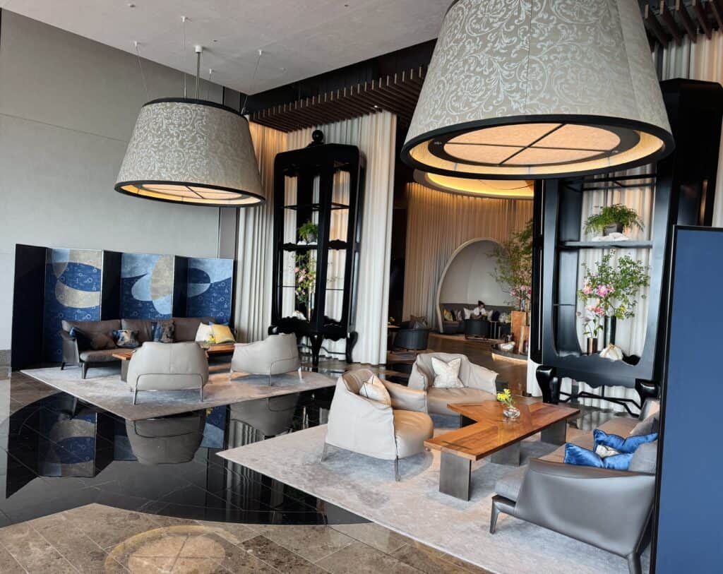 Lobby with beautiful chairs, atmospheric interior at Four Seasons Otemachi in Tokyo