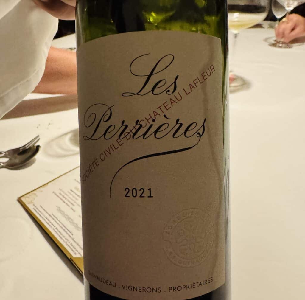 Bottle of Les Perrières 2021 from Château Lafleur, served at R-Haan.