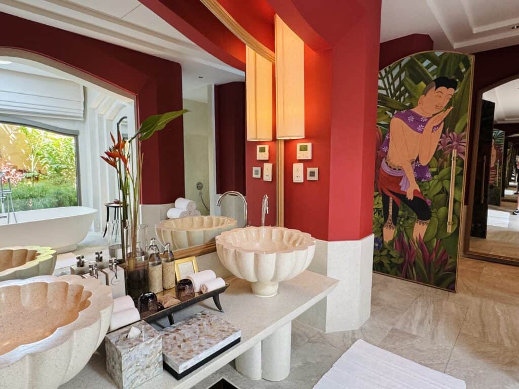 Double stone vanities and Thai décor adorn the bathroom of the Phulay Bay Ritz-Carlton Reserve villa.
