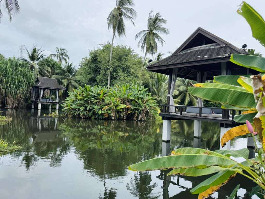 Lagoon pavilions on the water at Anantara Mai Khao Phuket, surrounded by tropical vegetation and palm trees. The landscape exudes a serene tranquility. 