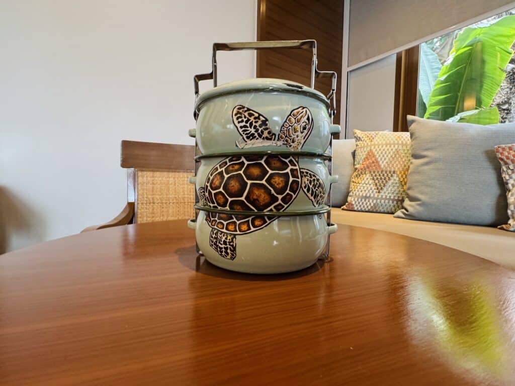 Traditional Thai tiffin box as a welcome gift in the villa at Anantara Mai Khao Phuket