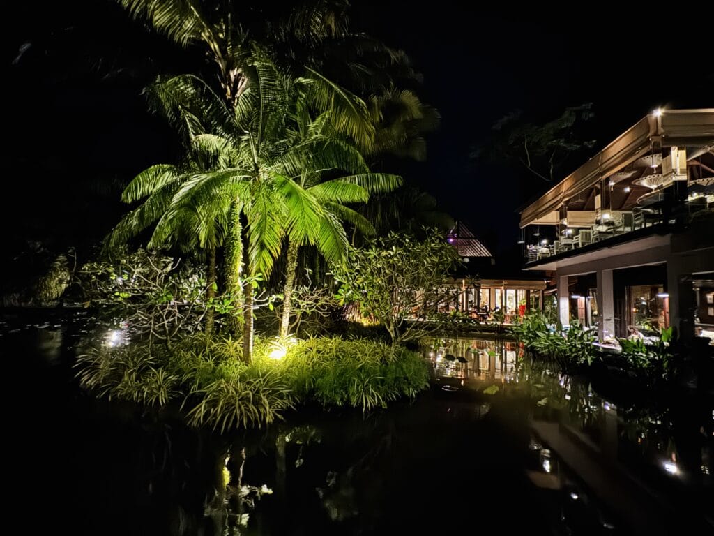 Evening atmosphere at Anantara Mai Khao Phuket with atmospheric lighting and tropical gardens