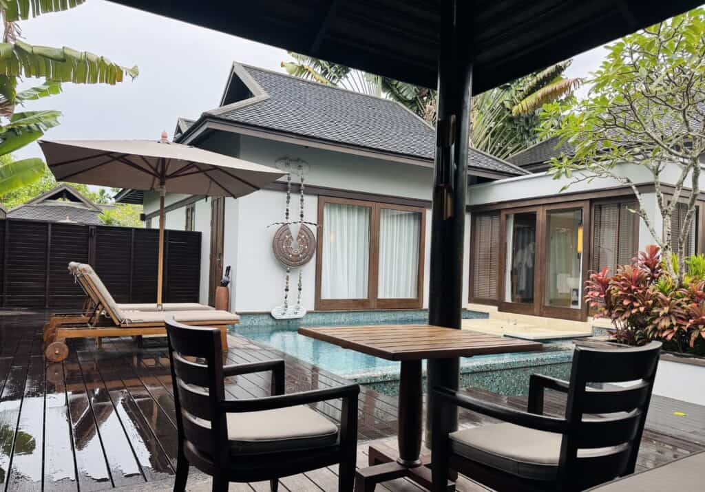 Terrace of a private pool villa at Anantara Mai Khao Phuket with private pool and sunbeds.