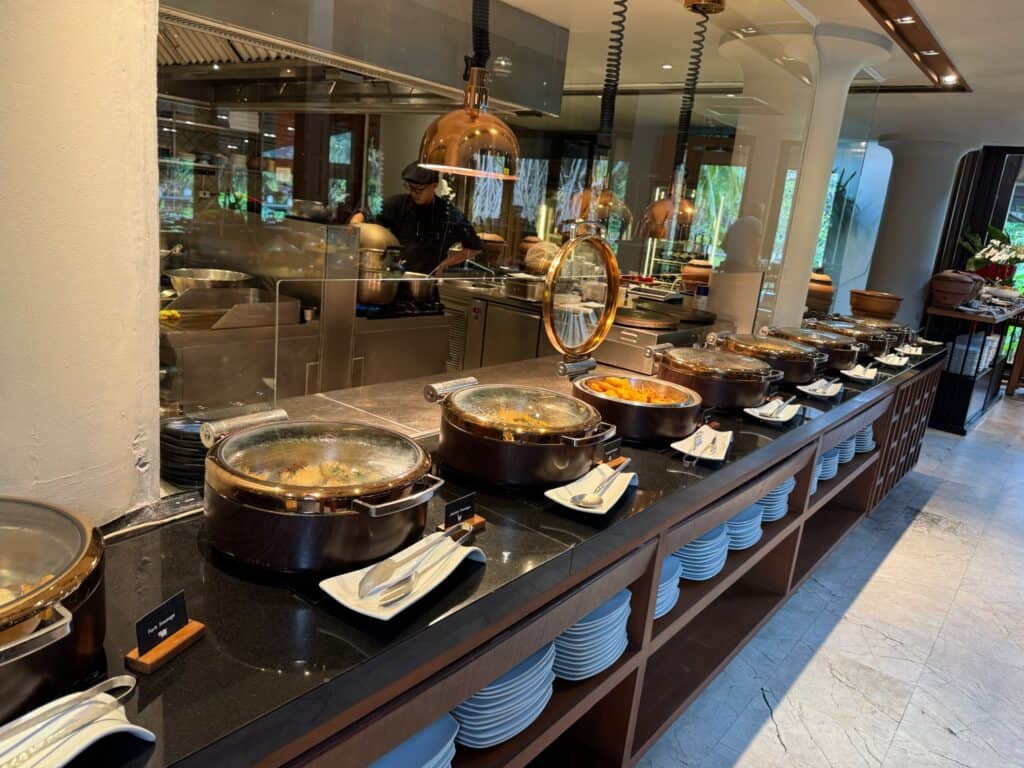 Hot dishes at the luxury breakfast buffet of Anantara Mai Khao Phuket
