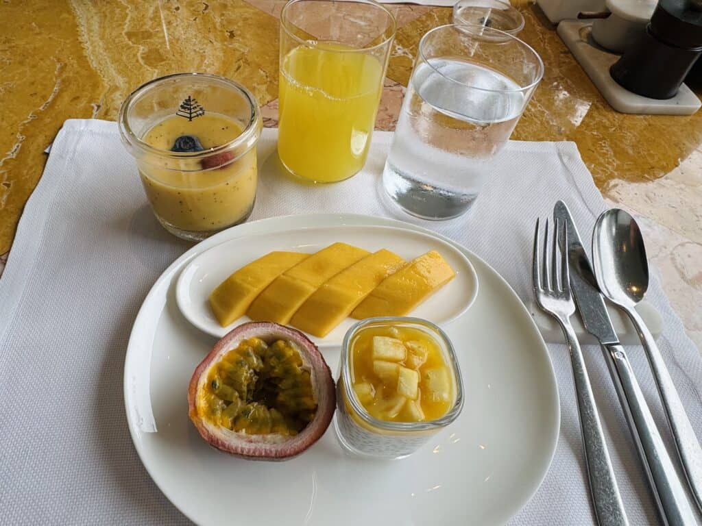 Tropical luxury breakfast with mango and passion fruit at Four Seasons Hotel Bangkok