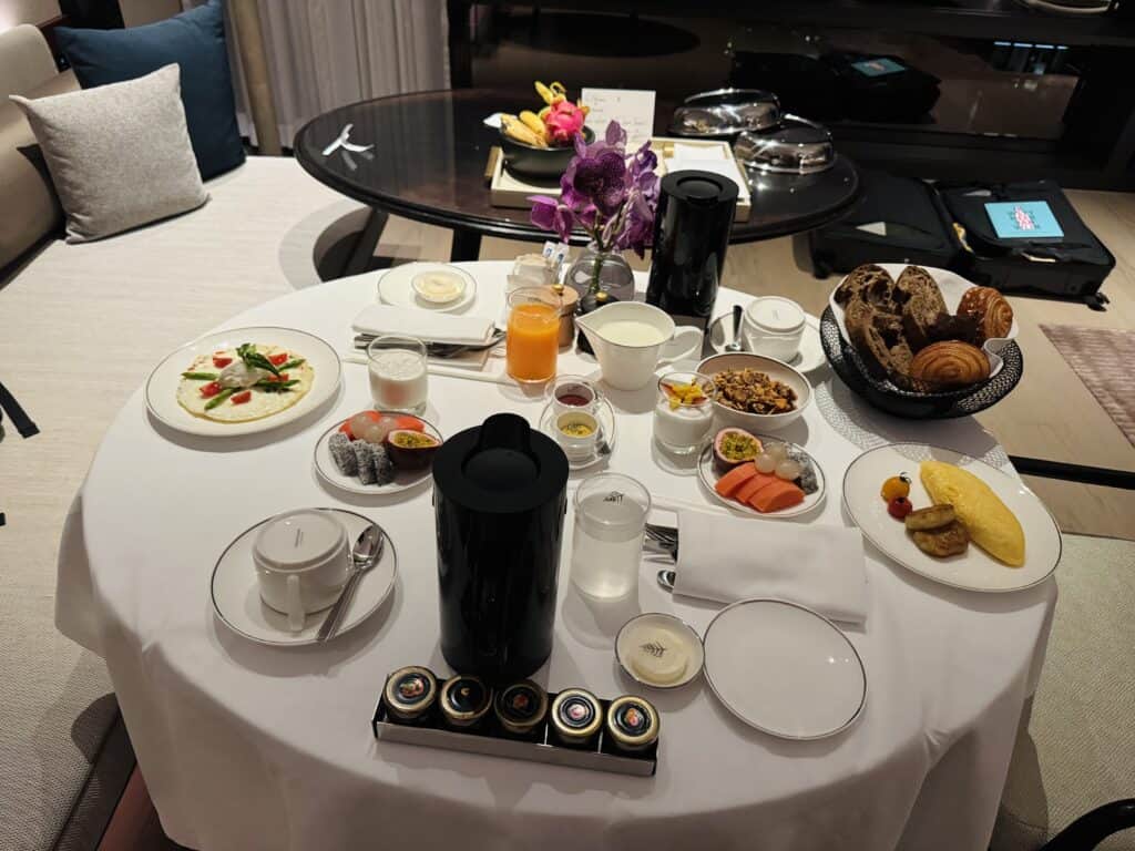 Luxury breakfast in the room in Four Seasons Bangkok suite